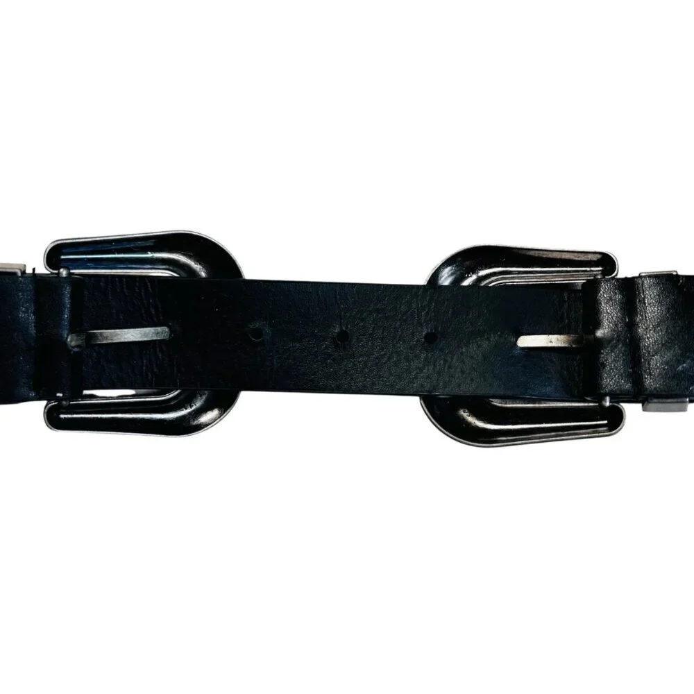 Vintage Western Belt Double Buckle Black Vegan Leather Boho
